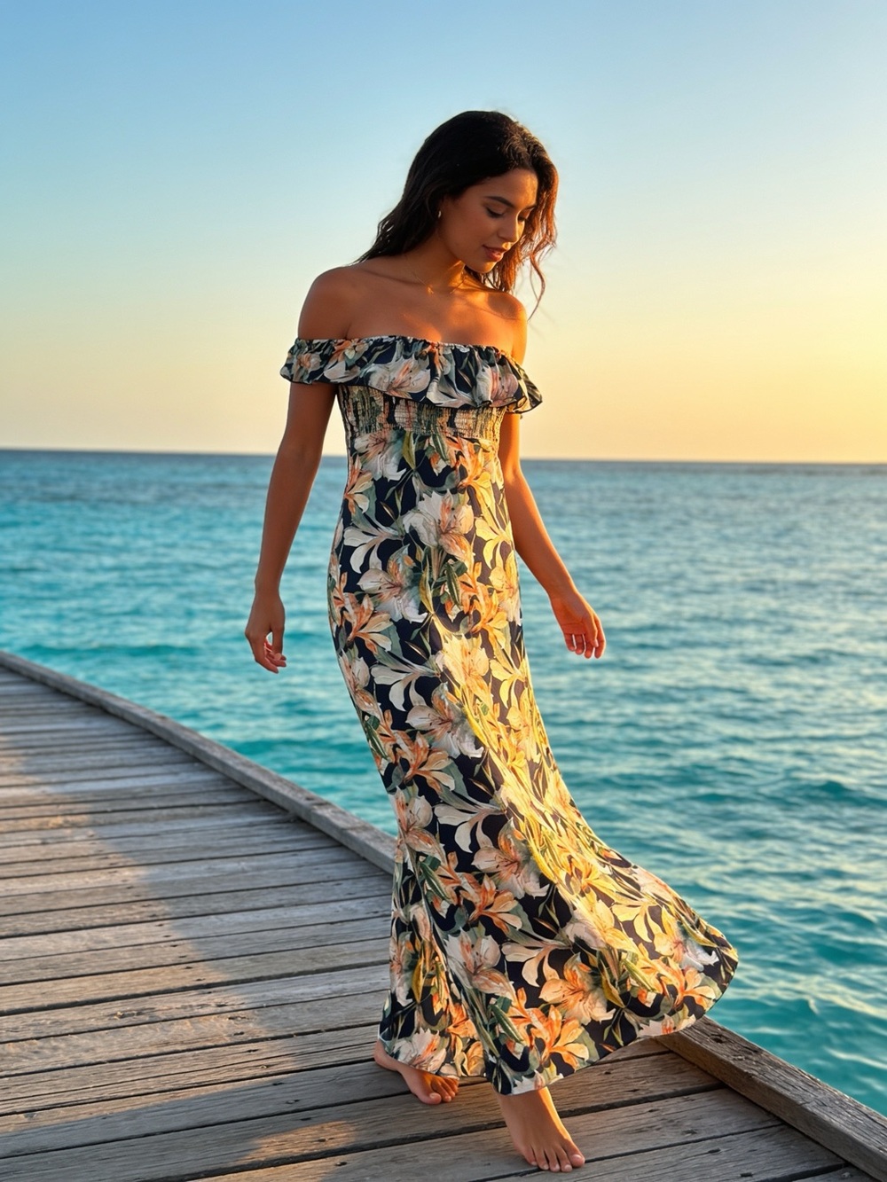 Off-Shoulder Floral Maxi Dress in Navy and Cream